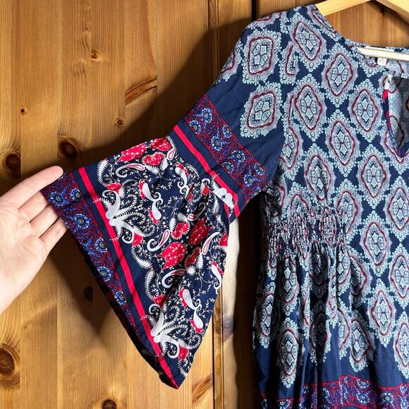 Umgee Bell Sleeve Keyhole Dress Mini Blue Red Women’s Small Hippie 70s Boho - Picture 5 of 8
